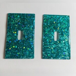 Hand Crafted Resin Glittery Teal Light Switch Covers Set of 2